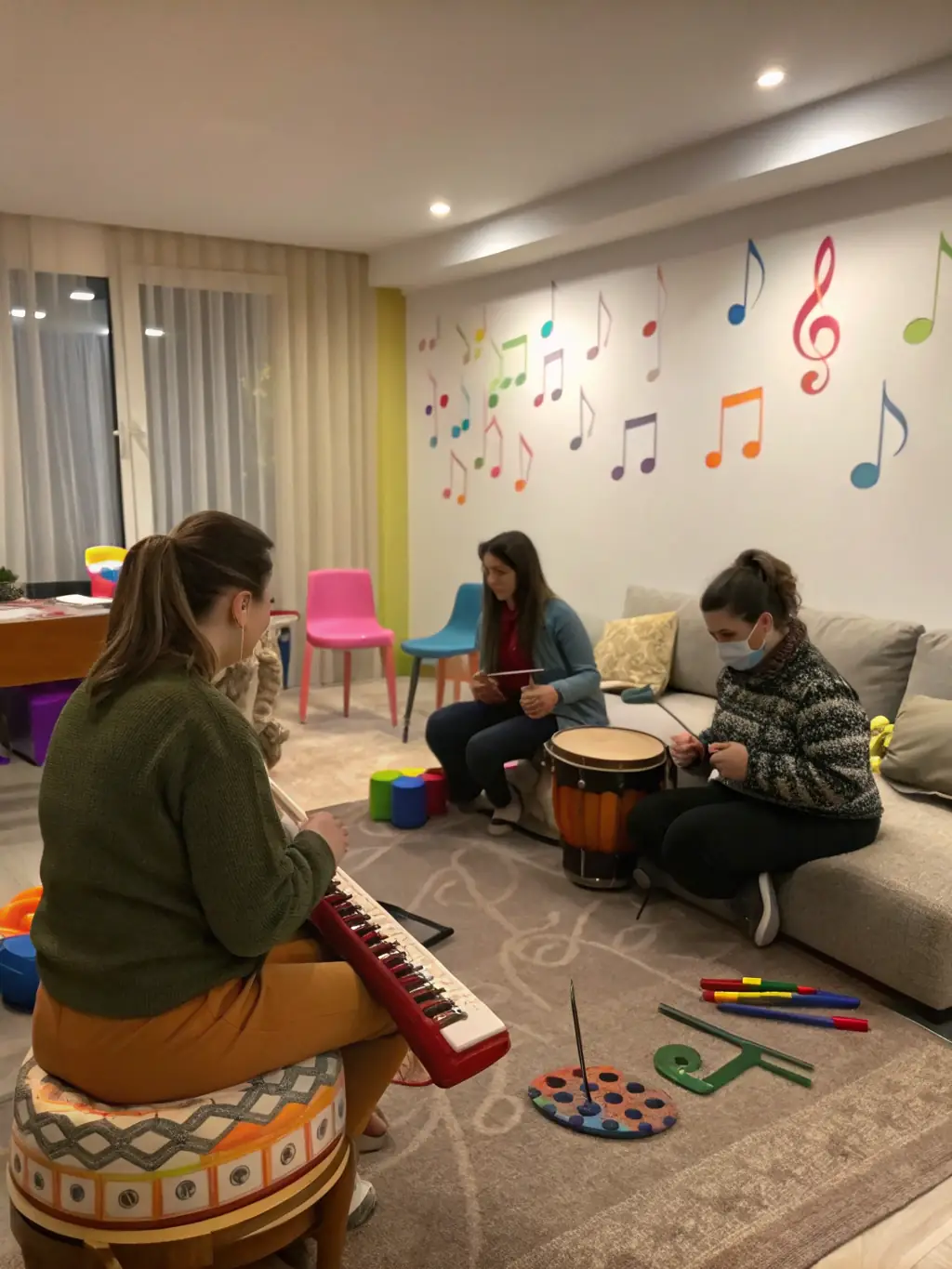 A photo of children engaged in a music therapy session facilitated by DYNAMIC EVENTS, highlighting the therapeutic benefits of music.