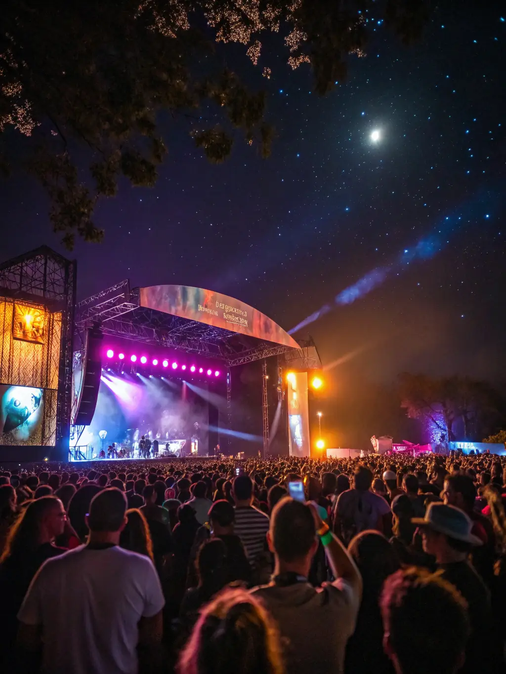 A vibrant photograph capturing a local artist performing on stage at a DYNAMIC EVENTS music festival, with an enthusiastic audience in the background, showcasing the support for local talent.