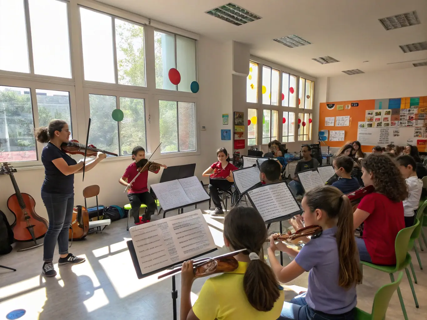 A photograph of children participating in a music workshop organized by DYNAMIC EVENTS, showing them learning to play instruments and express themselves creatively.