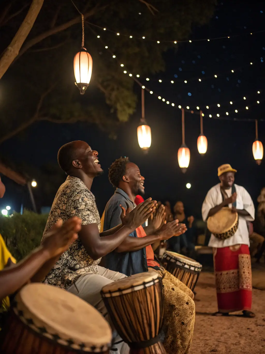 A photograph capturing a diverse group of people participating in a community drumming circle at a DYNAMIC EVENTS workshop, showcasing interactive musical engagement.