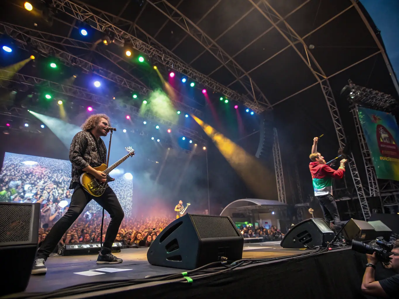 A vibrant image of a local band performing on stage at a DYNAMIC EVENTS music festival, capturing the energy and excitement of the event.
