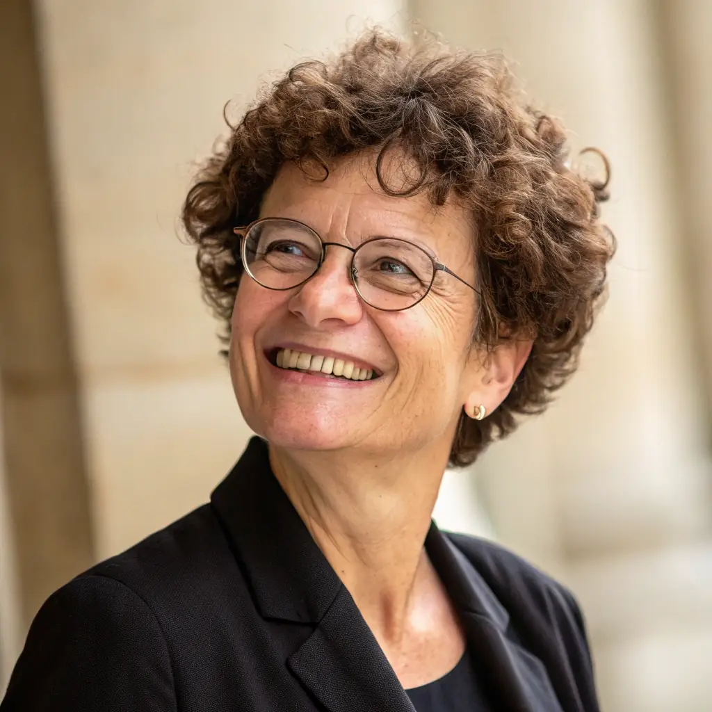 A professional portrait of a smiling middle-aged woman with short brown hair, wearing a blazer, in a well-lit office setting.