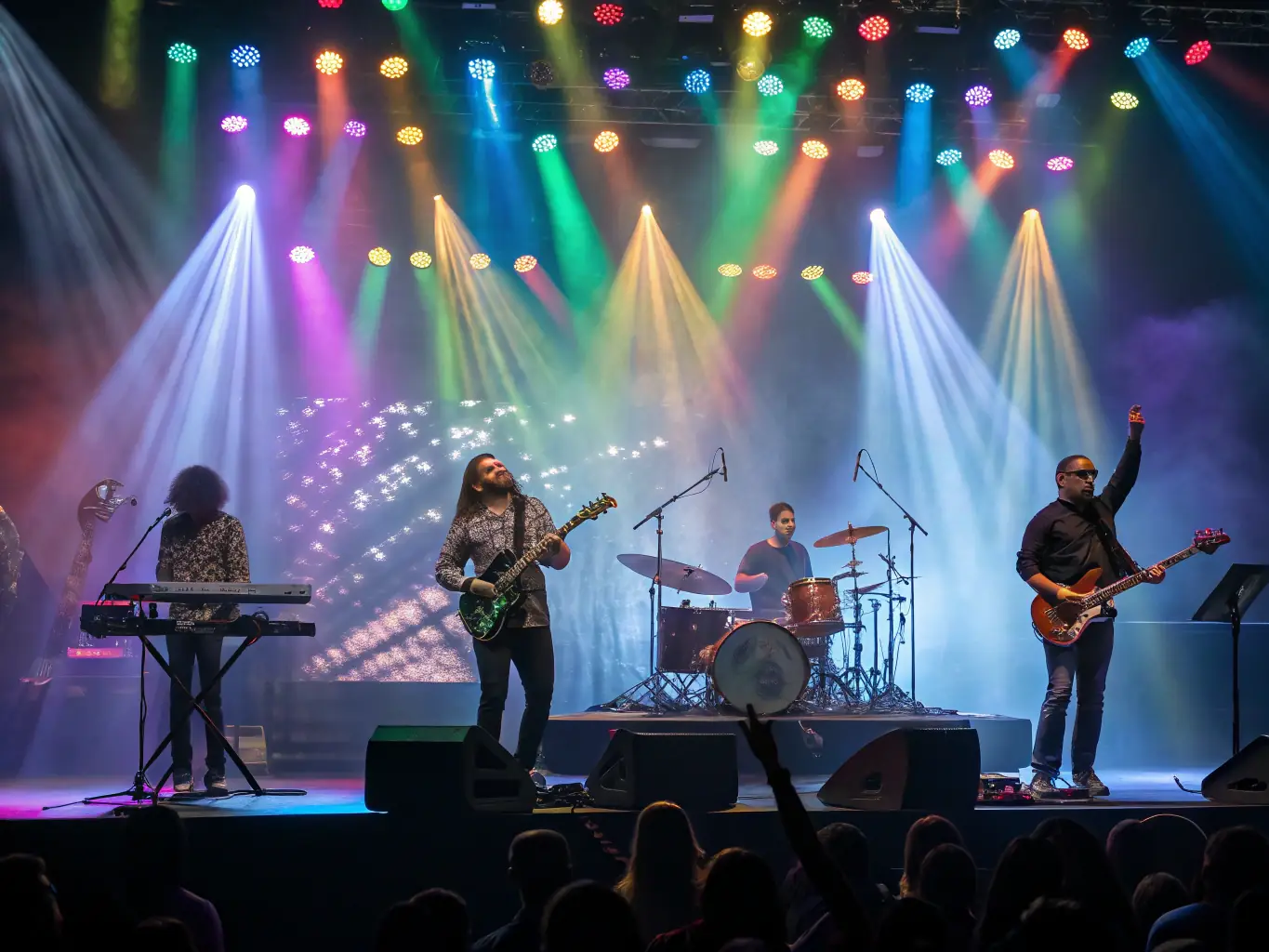 A vibrant image of a diverse group of musicians performing on an outdoor stage at a DYNAMIC EVENTS music festival, capturing the energy and community spirit of the event.