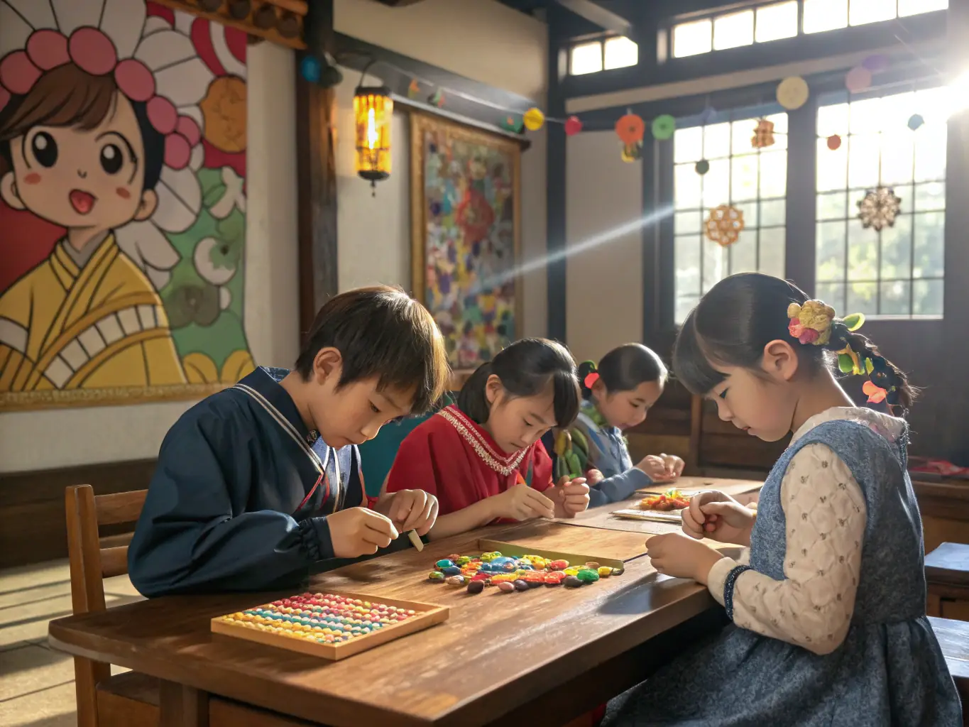 A photo of a music workshop led by a professional musician, with participants of various ages actively engaged in learning and creating music.
