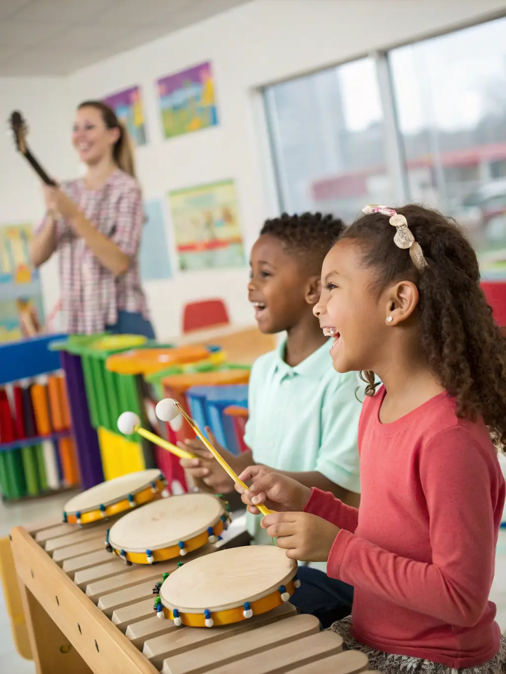A photograph of children participating in a DYNAMIC EVENTS music workshop, emphasizing the organization's commitment to music education and accessibility.